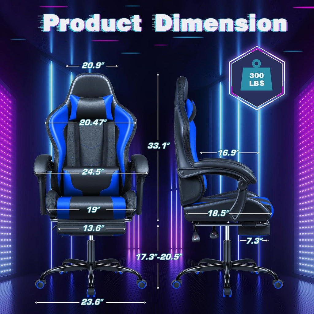 Gaming Chair with LED Lights, Footrest and Massage Lumbar Support, Ergonomic Computer Seat Height Adjustable with 360°Swivel and Headrest, Blue with RGB