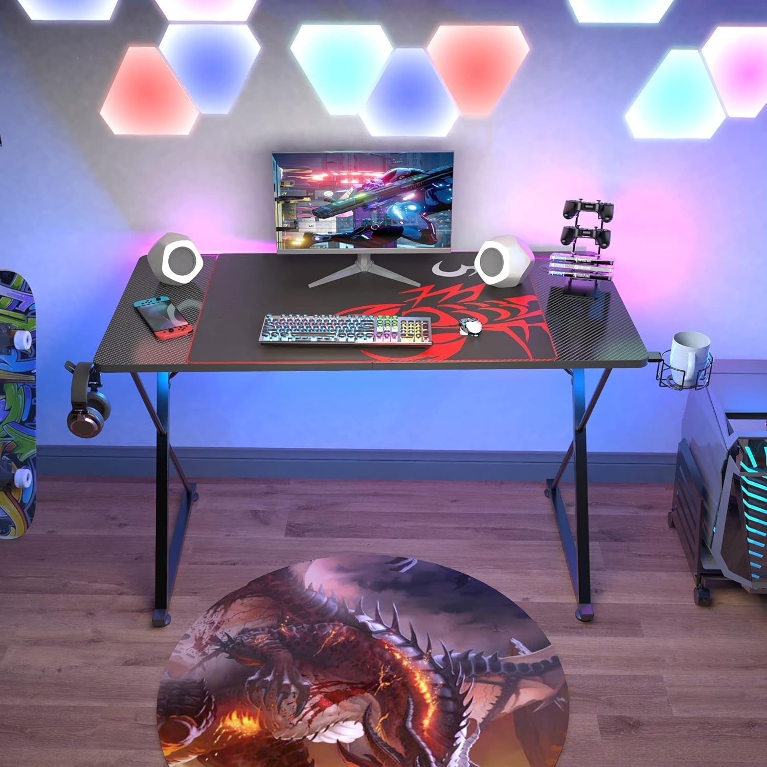 Gaming Desk 47 Inch PC Computer Desk Home Office Student Desk X-Shaped with Mouse Pad Cup Holder Headphone Hook Handle Rack,Black