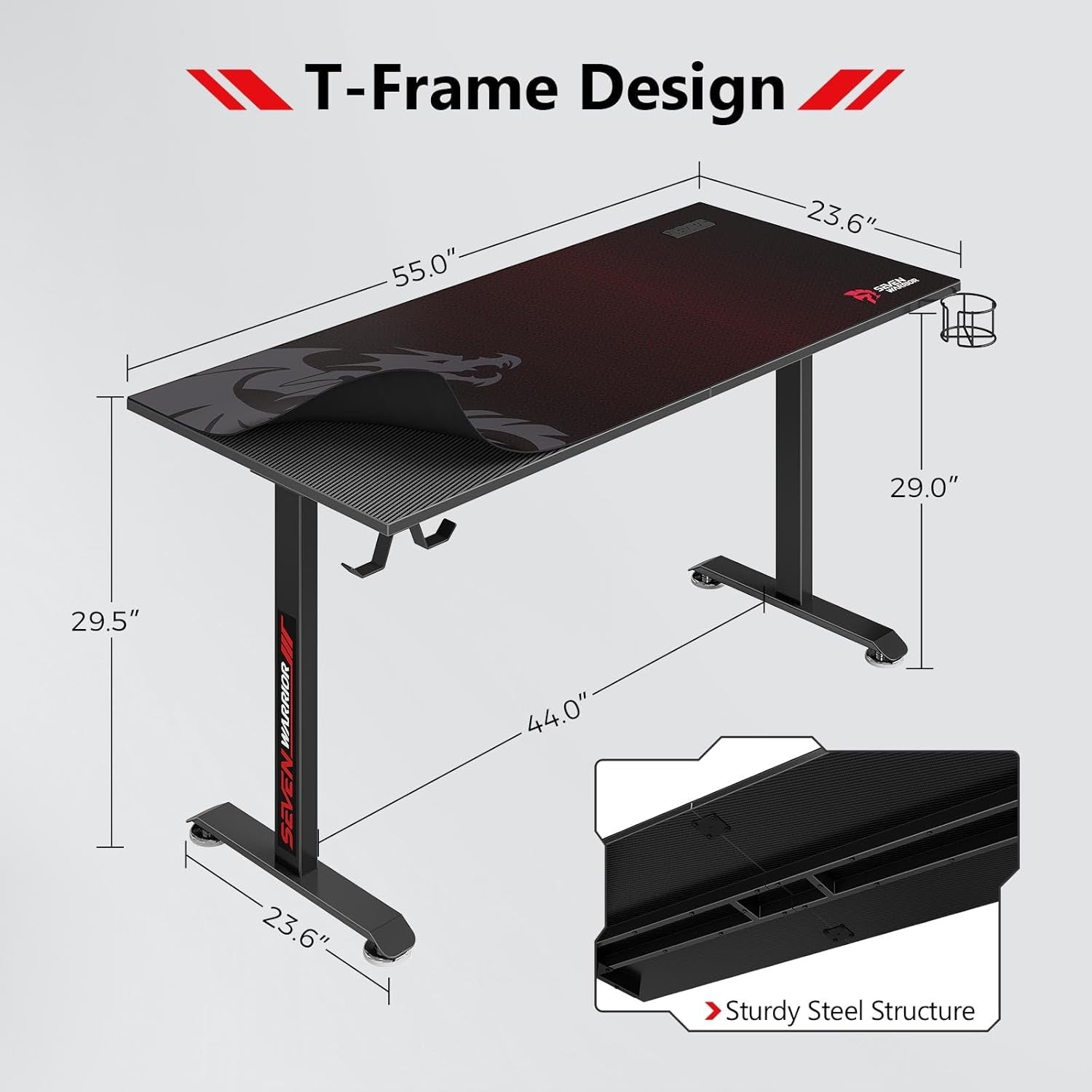 Gaming Desk 55’’, T-Shaped Carbon Fiber Surface Computer Desk with Full Mouse Pad, Gamer Desk with Headphone Hook, USB Rack, Cup Holder