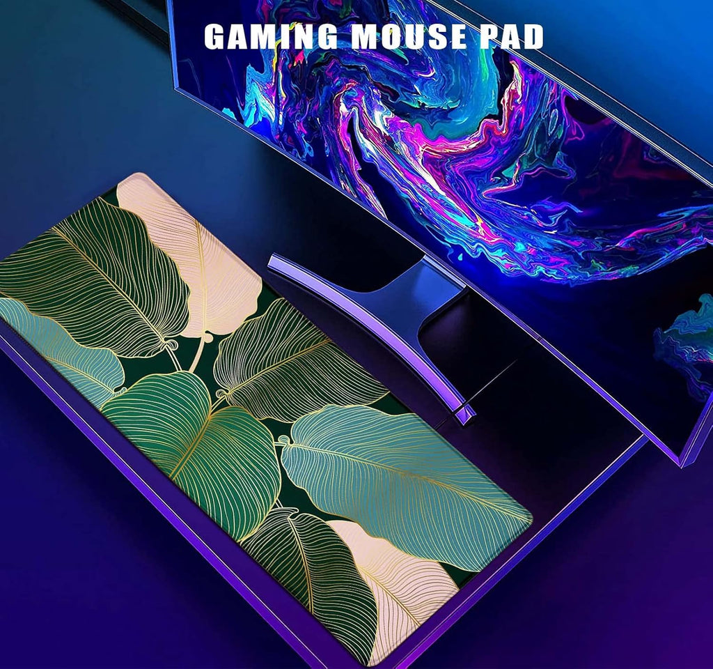 Desk Pad, Keyboard Mouse Pad, Large Anti-Slip Rubber Base Mousepad with Stitched Edges, Extended Long Mice Pad for Computer,Laptop,Work,Office, 31.5 X 11.8 Inch, Gold Green Leaves Line Art