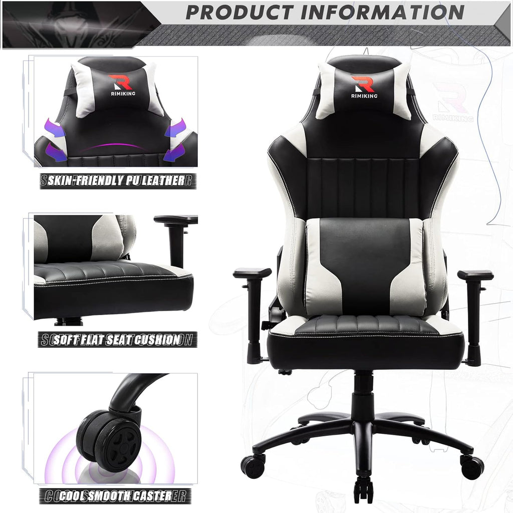 Massage Gaming Chair Big and Tall 350Lbs Ergonomic Wide Seat Video Game Chair High Back PC Computer Office Chair E-Sport Racing Style Rolling Chair Heavy Duty Headrest and Lumbar Support-White