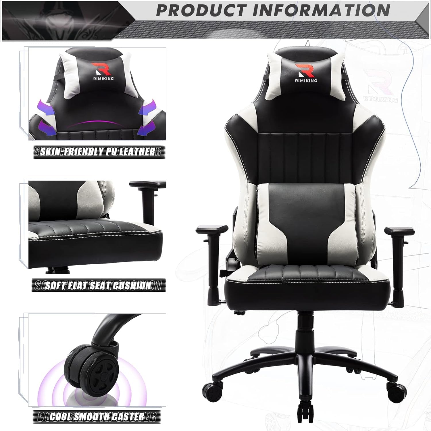 Massage Gaming Chair Big and Tall 350Lbs Ergonomic Wide Seat Video Game Chair High Back PC Computer Office Chair E-Sport Racing Style Rolling Chair Heavy Duty Headrest and Lumbar Support-White
