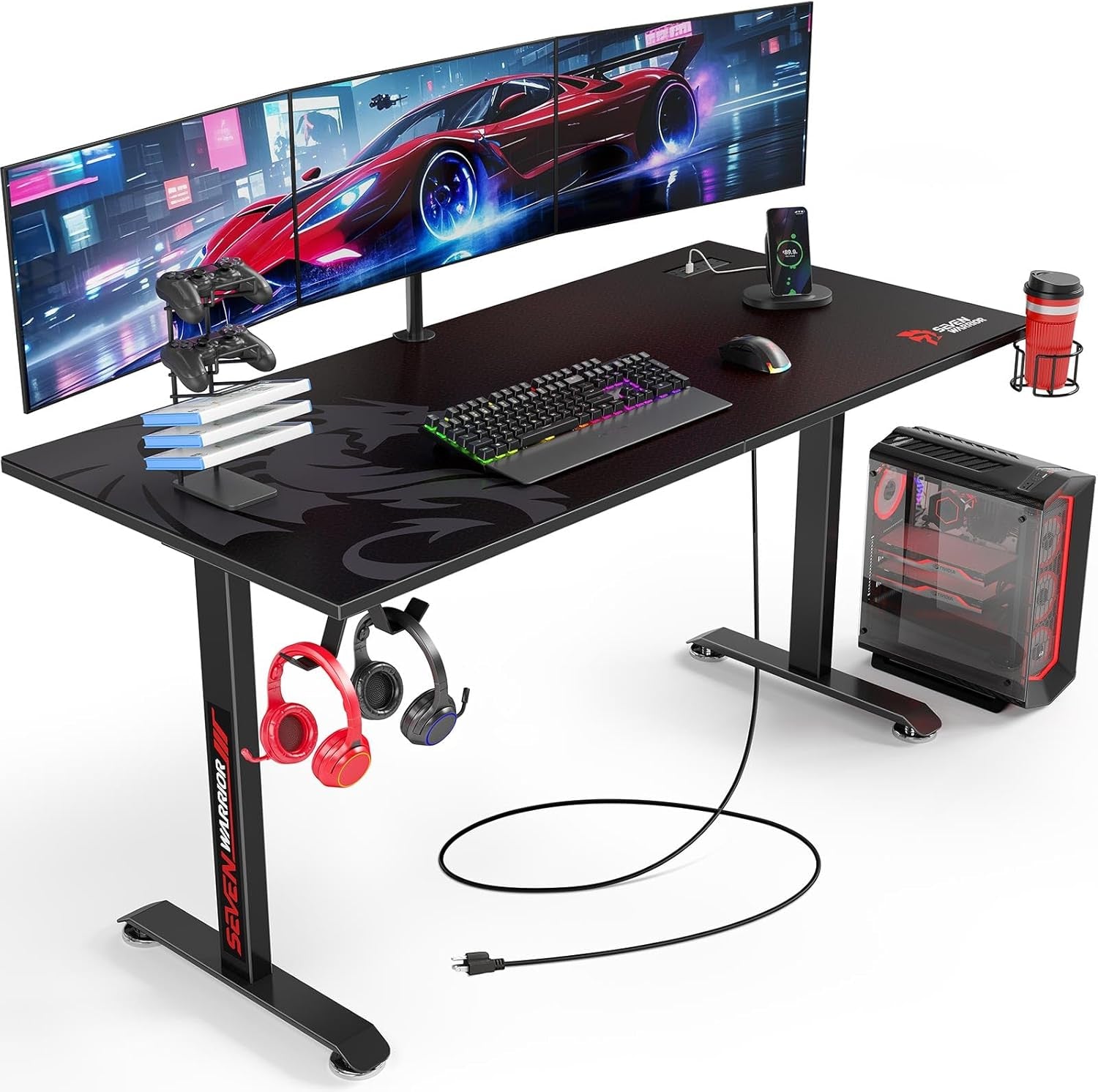 Gaming Desk 55’’, T-Shaped Carbon Fiber Surface Computer Desk with Full Mouse Pad, Gamer Desk with Headphone Hook, USB Rack, Cup Holder