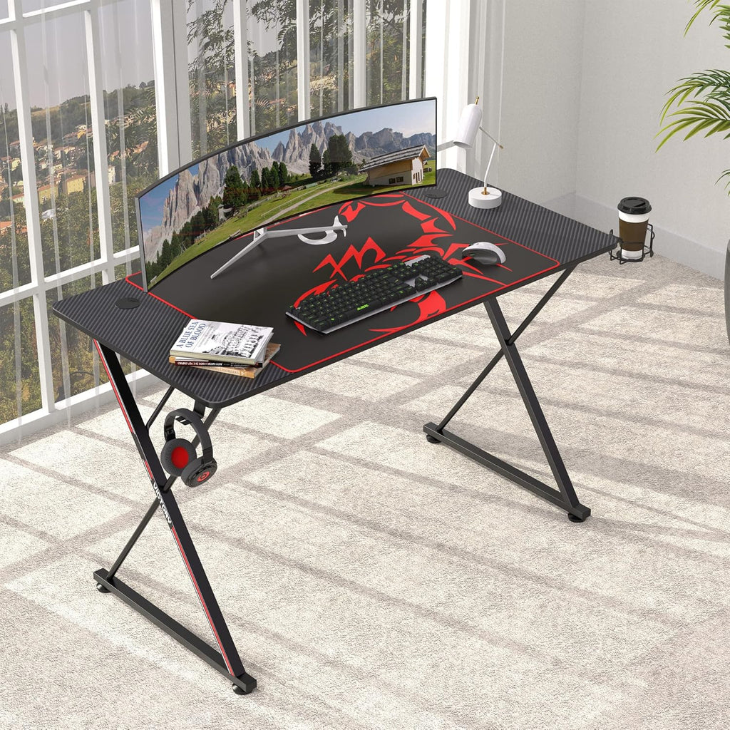 EE  Gaming Desk, 47 Inch Gamer Workstation, Carbon Fiber Surface Gaming Computer Desk with Large Mouse Pad, Controller Race, Headphone Hook, Cup Holder, Socket Holder,Black