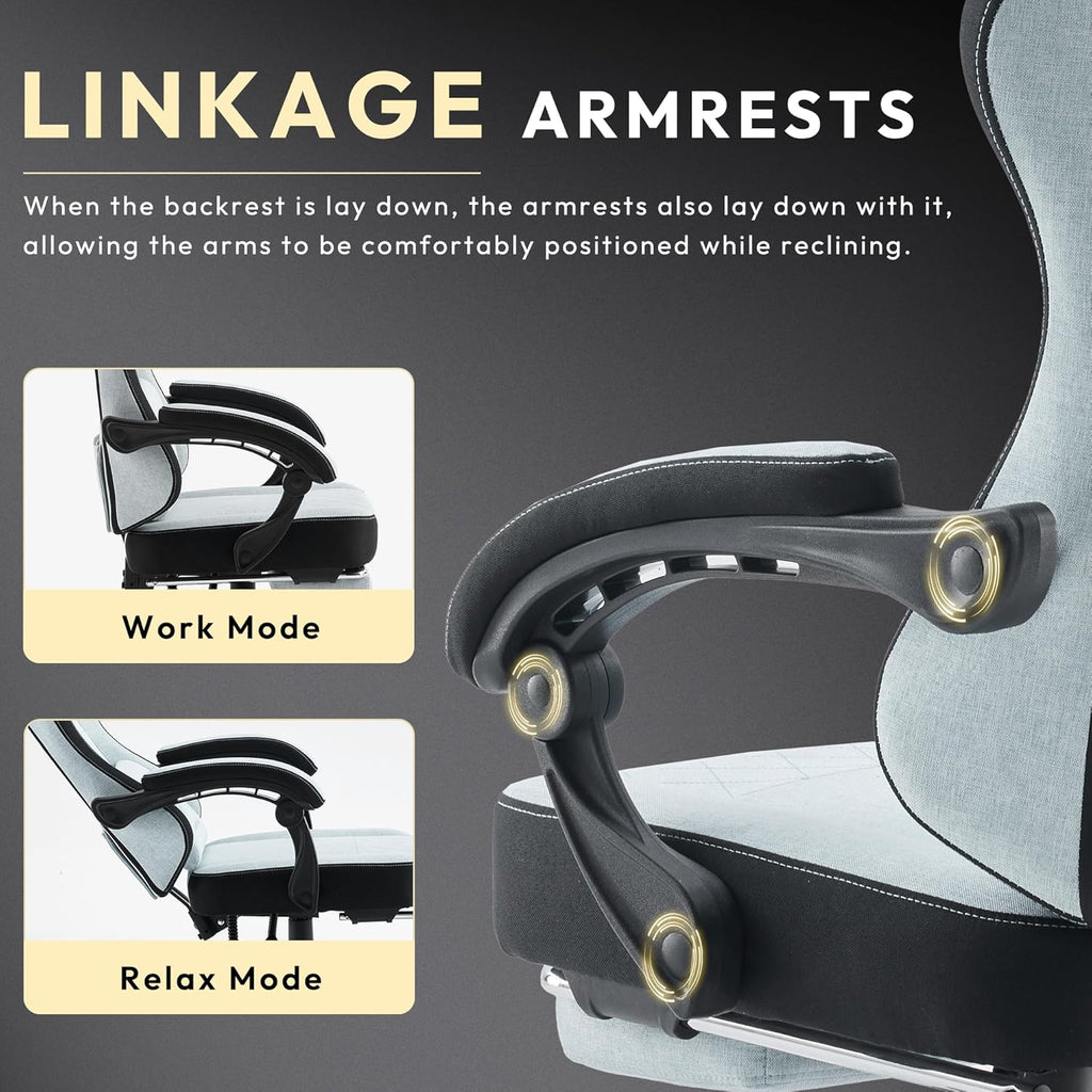 Gaming Chair, Breathable Fabric Computer Chair with Pocket Spring Cushion, Ergonomic Massage Gamer Chair with Lumbar Support and Footrest, Height Adjustable Office Game Chairs for Adults, Aqua