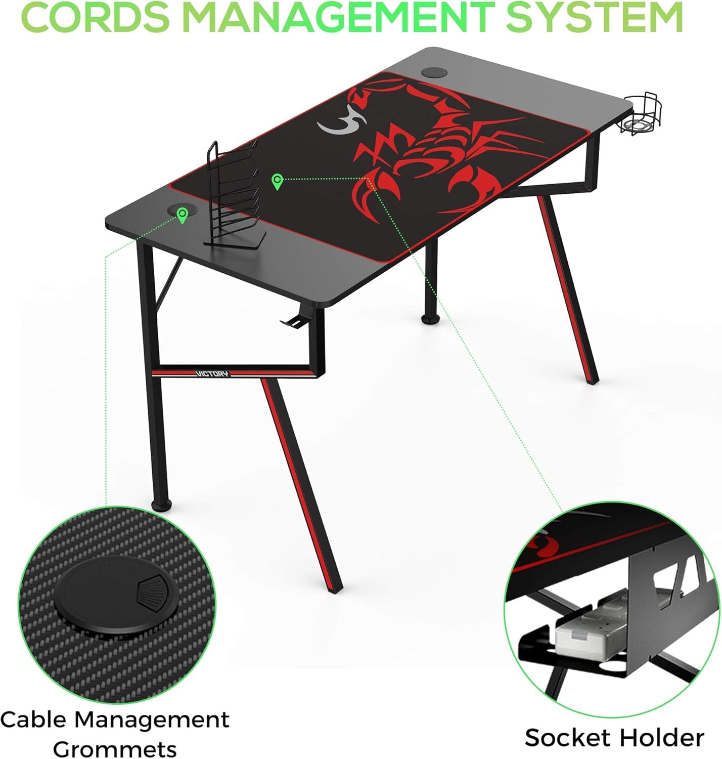 EE  Gaming Desk Office Desk Computer Desk Home Table 47 Inch Desk with Mouse Pad Headset Hook Cup Holder Controller Stand, Black