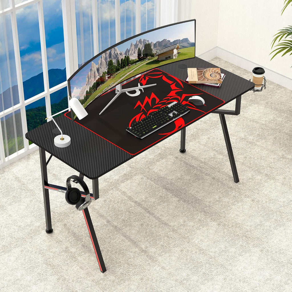 EE  Gaming Desk Office Desk Computer Desk Home Table 47 Inch Desk with Mouse Pad Headset Hook Cup Holder Controller Stand, Black