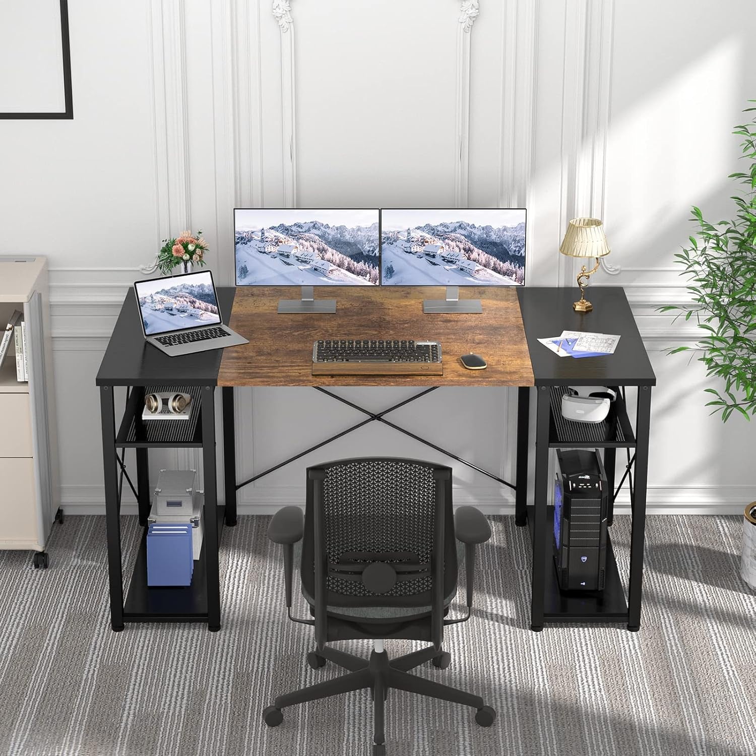 47.2 Inch Computer Desk, Large Office Desk with 4 Storage Shelves, 47.2'' Study Writing Table with CPU Stand, Sturdy PC Desk for Home Office, Bedroom, Gaming Room, Rustic and Black