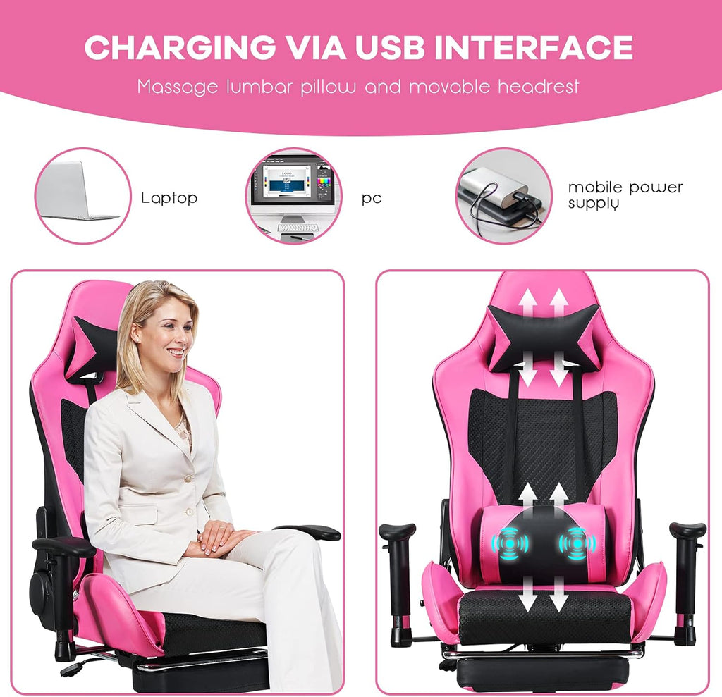Gaming Chair - Pink Gamer Chair with Footrest Racing Esports Computer Chair Massage Lumbar Support Leather Recliner