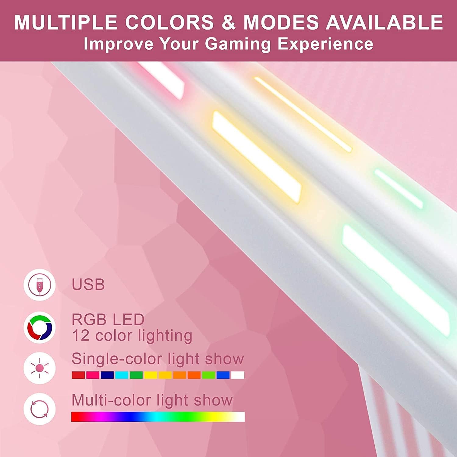 53 Inch Pink Gaming Desk, Gaming Computer Desk with RGB LED Light, Large Z Shape Racing Table with Split Joint Desktop Mouse Pad Headphone Hook & Cup Holder for Home Office Bedroom