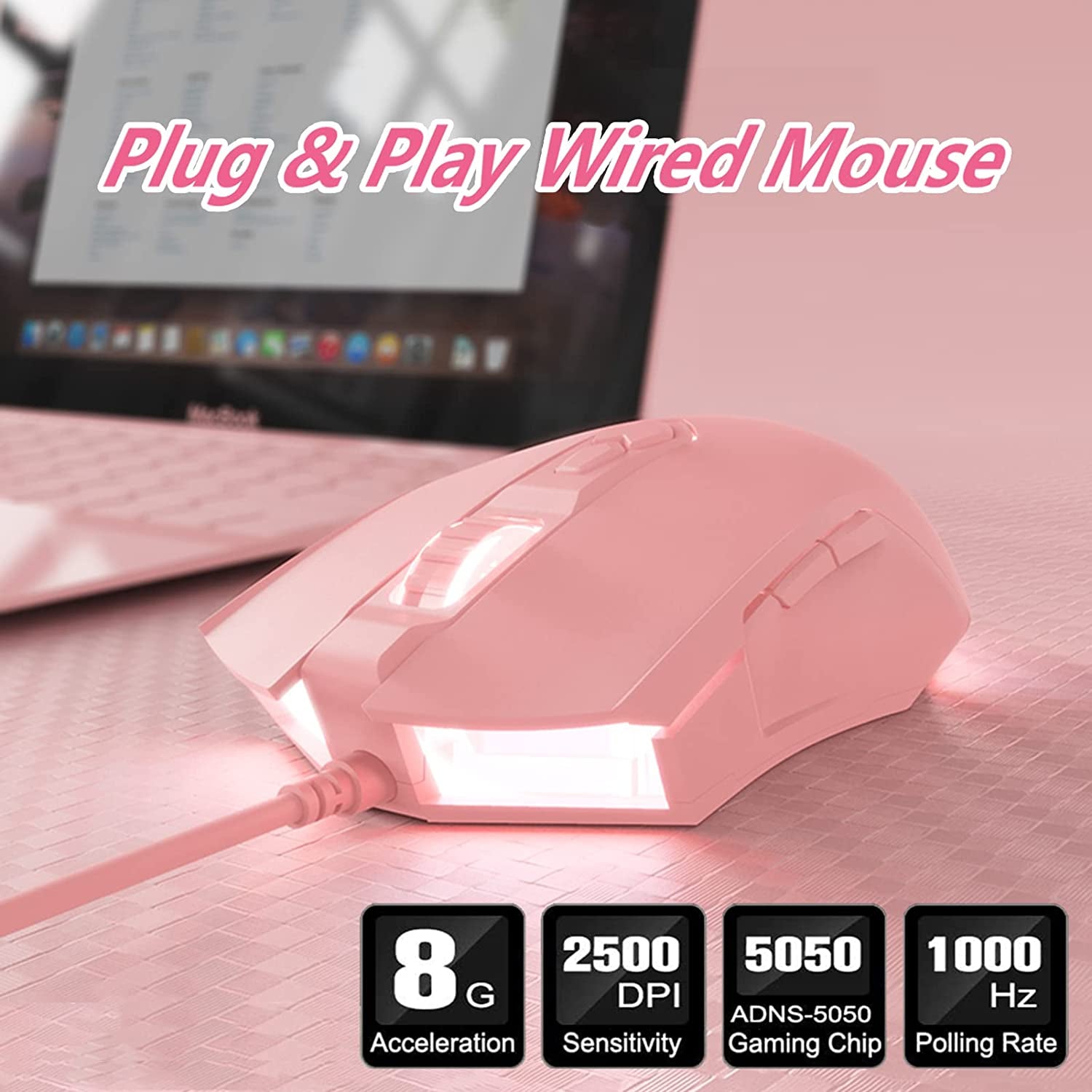 AJ52 RGB Wired Gaming Mouse, 7 Programmable Buttons, Computer Mice with RGB Lighting, 200-4800 DPI Adjustable, for Pc/Laptop (Pink)