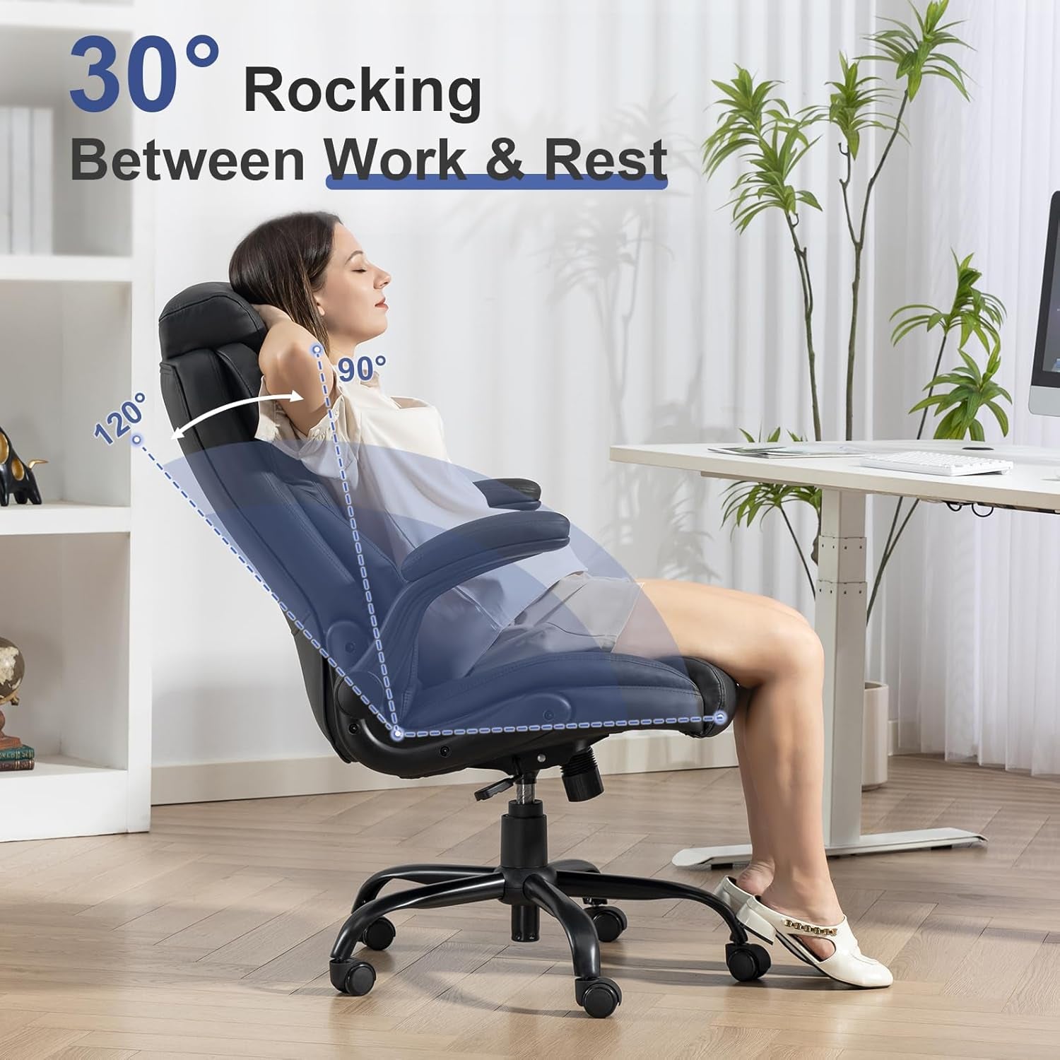400LBS Big and Tall Office Chair, Leather Executive Desk Chair with Padded Flip-Up Arms, Heavy Duty Swivel Rolling Computer Chair for Home Office, Black