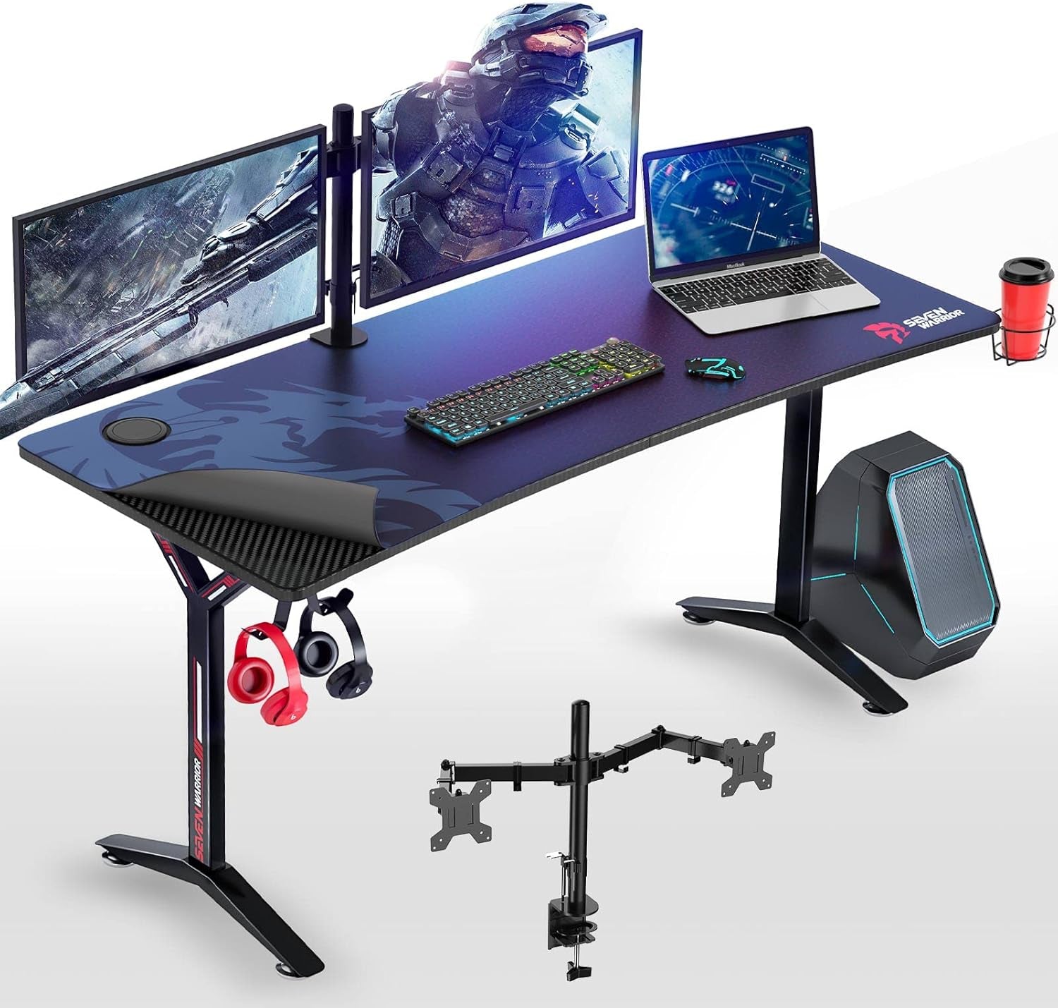 Gaming Desk 60INCH with Dual Monitor Mount, Carbon Fiber Surface Gamer Desk with Full Desk Mouse Pad, Ergonomic Y Shaped Gamer Table with Outlet Organizer, Gaming Rack