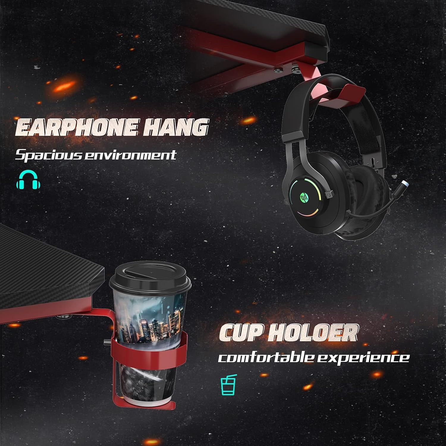 Gaming Desk 55 Inch PC Computer Desk, Home Office Desk Workstation, Professional Gaming Desk Table with Cup Holder & Headphone Hook