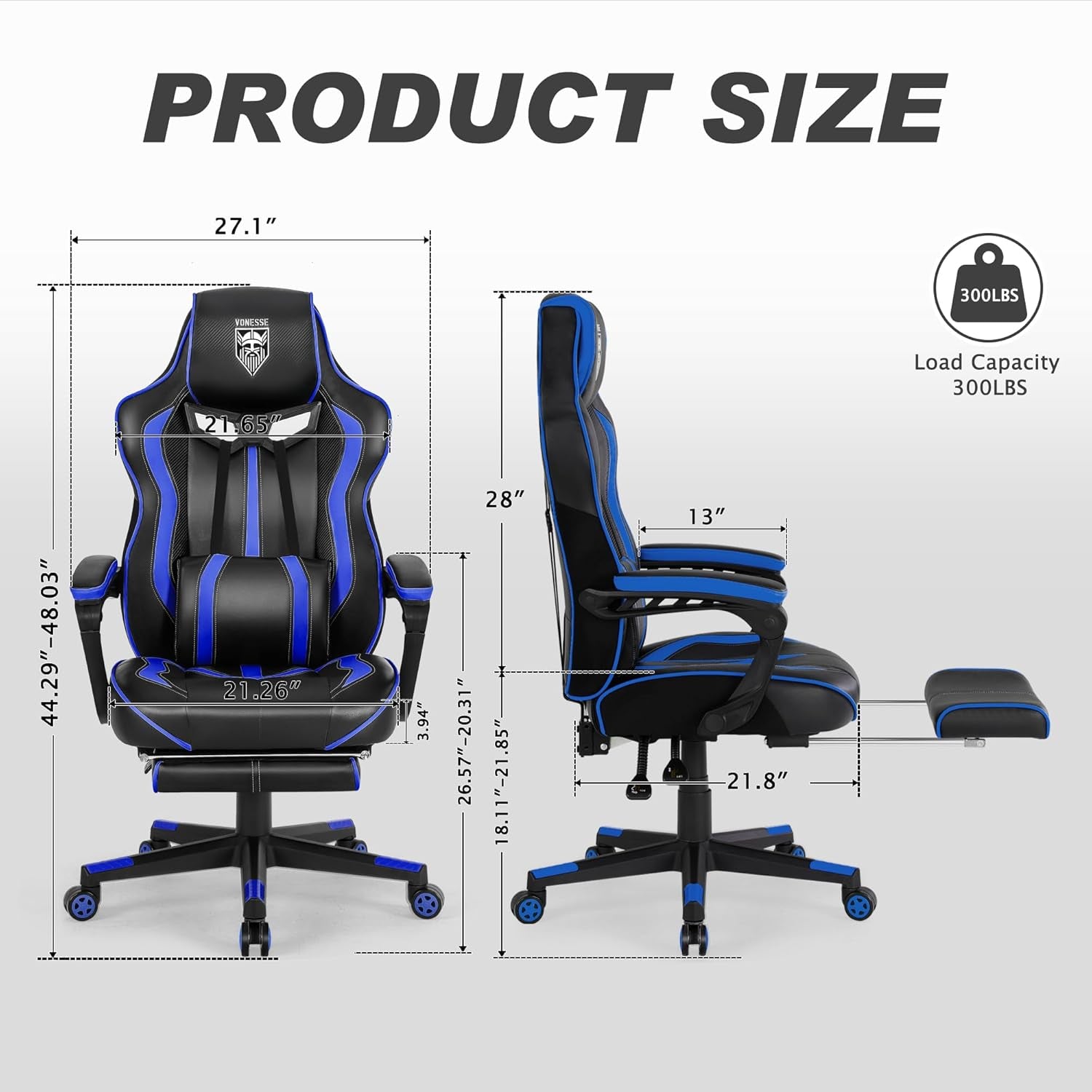 Gaming Chair with Footrest Reclining Computer Chair with Massage Gamer Chair Big and Tall Gaming Chair Ergonomic PC Gaming Chair Adults Computer Gaming Chairs for Heavy People 300LBS (Blue)