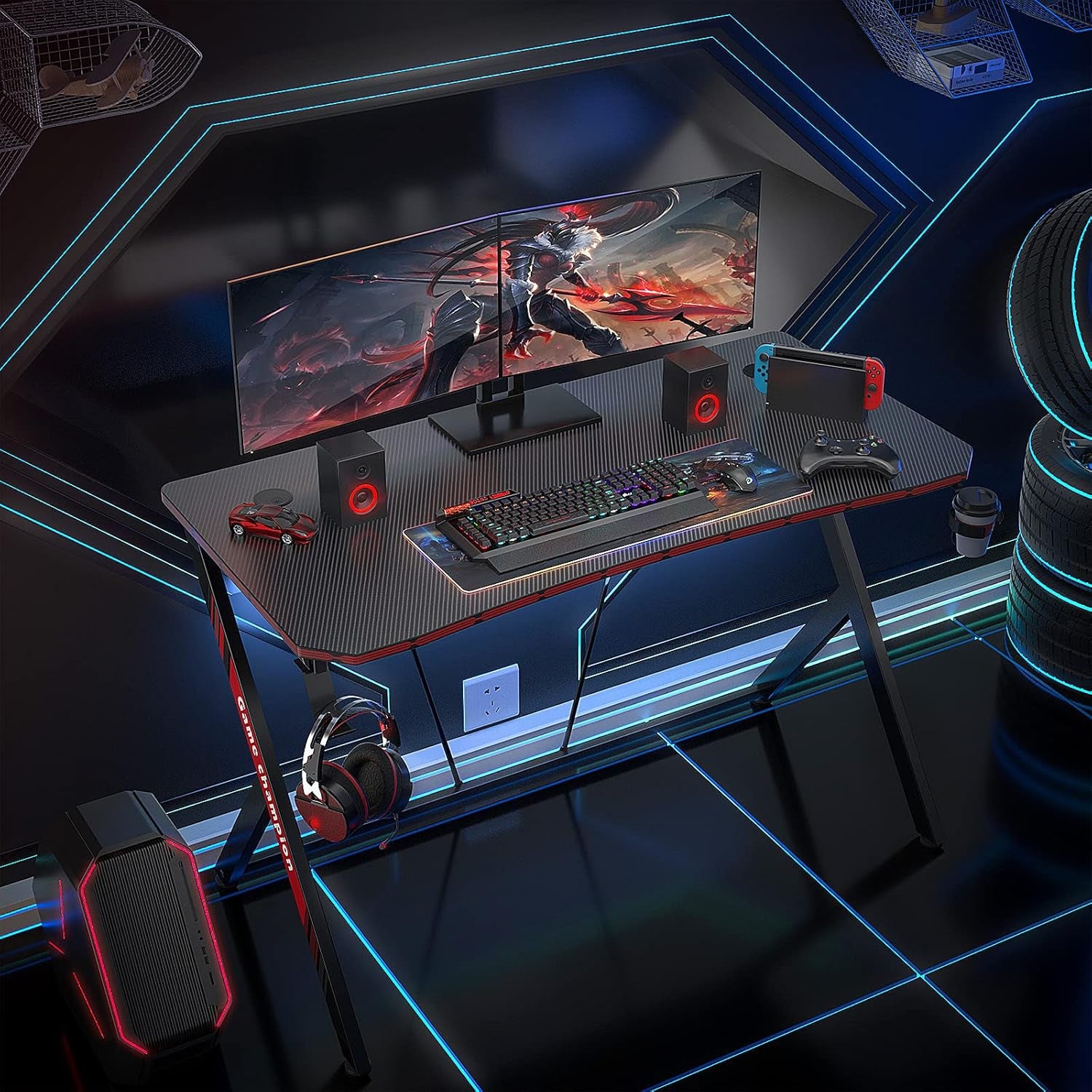 40 Inch Gaming Desk Gaming Computer Desk, PC Computer Desk Gamer Desk Workstation with Cup Holder and Headphone Hook