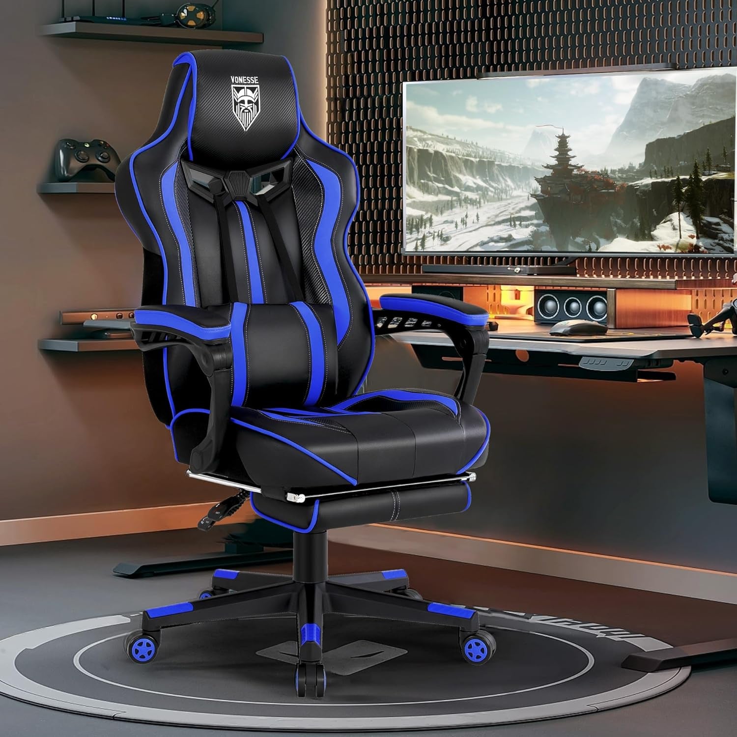 Gaming Chair with Footrest Reclining Computer Chair with Massage Gamer Chair Big and Tall Gaming Chair Ergonomic PC Gaming Chair Adults Computer Gaming Chairs for Heavy People 300LBS (Blue)