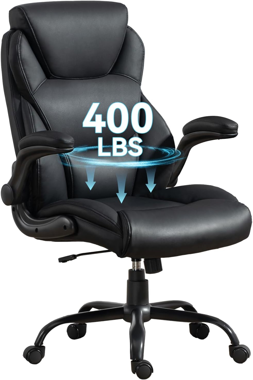 400LBS Big and Tall Office Chair, Leather Executive Desk Chair with Padded Flip-Up Arms, Heavy Duty Swivel Rolling Computer Chair for Home Office, Black
