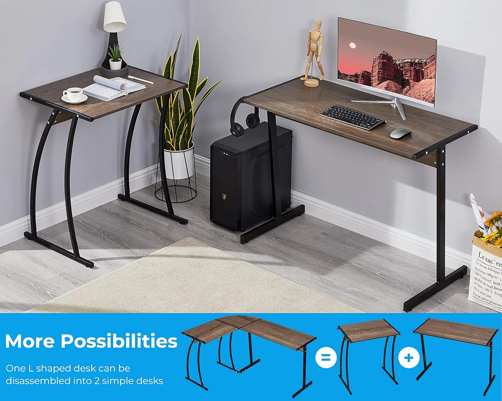 L Shaped Gaming Computer Desk 58.1 Inch, L-Shape Corner Gaming Table, Writing Studying PC Laptop Workstation 3-Piece for Home Office Bedroom, Dark Walnut