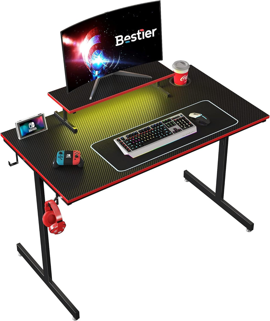 Gaming Desk with LED Lights 44" Small Computer Desk for Home Office Table with Cup Holder and 2 Headphone Hooks, Black