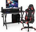 Gaming Desk and Chair Set, Ergonomic E-Sport Gamer Desk & Racing Chair Set W/Cup Holder, Monitor Stand, Earphone Hook, Massage & Headrest, Home Office Computer Desk Chair Set (Red)