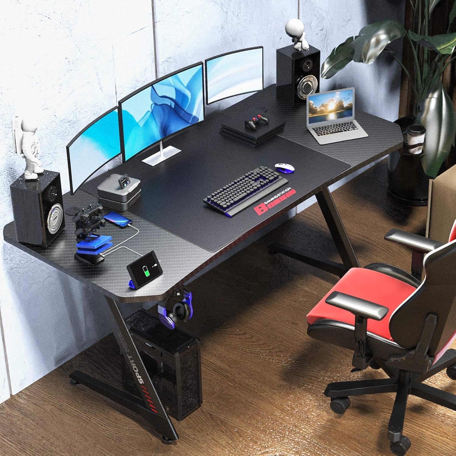 Gaming Desk 63 Inch Gamer Computer Desk Racing Style Office Table Gamer Pc Z Shaped Game Station with Free Mouse Pad,Usb Charging,Handle Rack, Cup Holder and Headphone Hook(63Inch, Black)