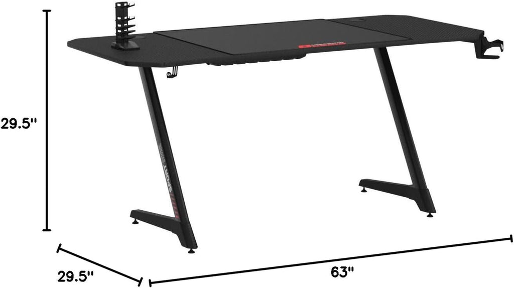 Gaming Desk 63 Inch Gamer Computer Desk Racing Style Office Table Gamer Pc Z Shaped Game Station with Free Mouse Pad,Usb Charging,Handle Rack, Cup Holder and Headphone Hook(63Inch, Black)