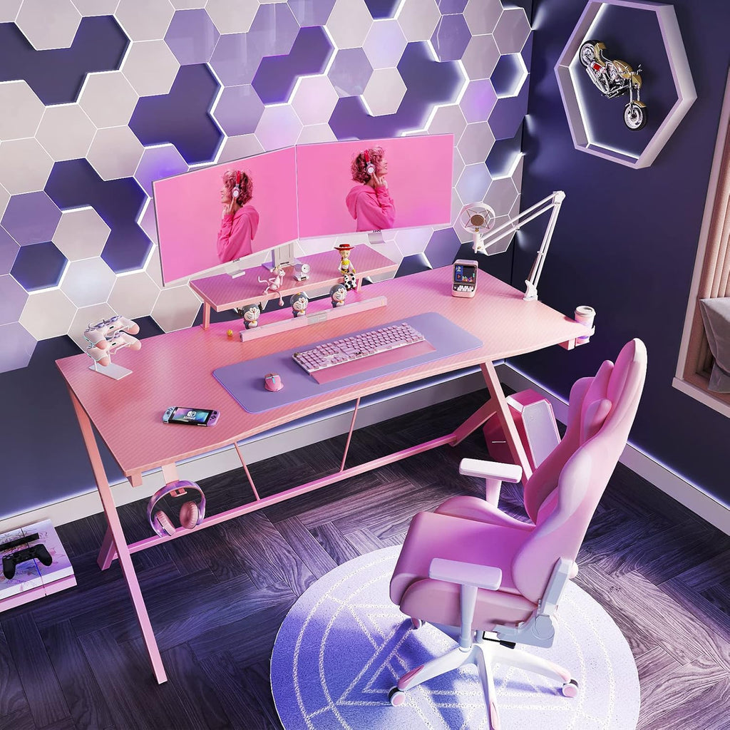 Gaming Desk 60" with Monitor Shelf Gaming Table Desk for Girls Home Computer Desk with Cup Holder and Headphone Hook Gamer Workstation Game Table, Pink
