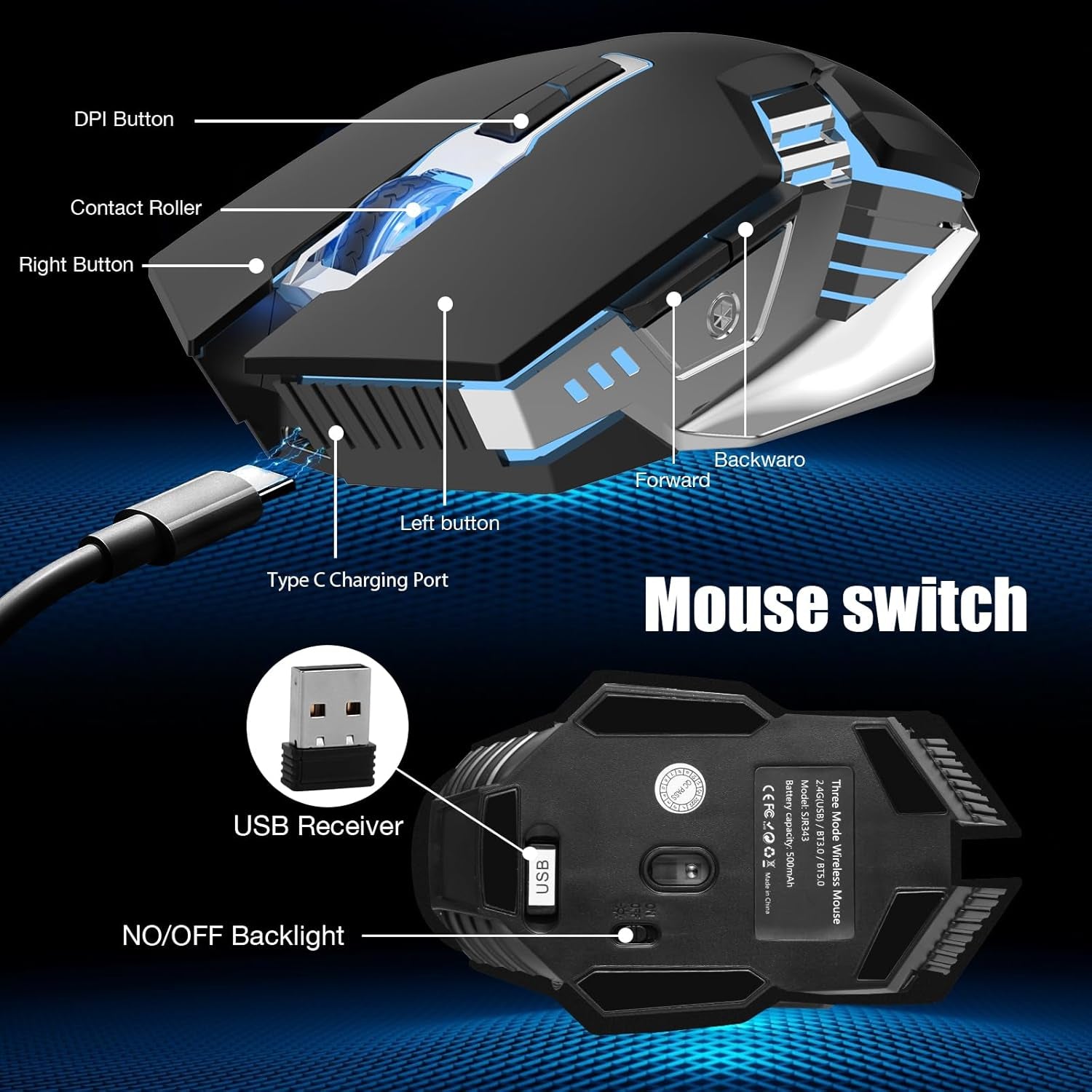 Bluetooth Mouse Wireless, Rechargeable, Multi-Device(2.4G/Bt5.0/Bt3.0), 7 Buttons, Silent Click, Ergonomic, 7-Color Backlit, LED Light up Mice for Laptop, Computer, Mac, PC, Chromebook - Black