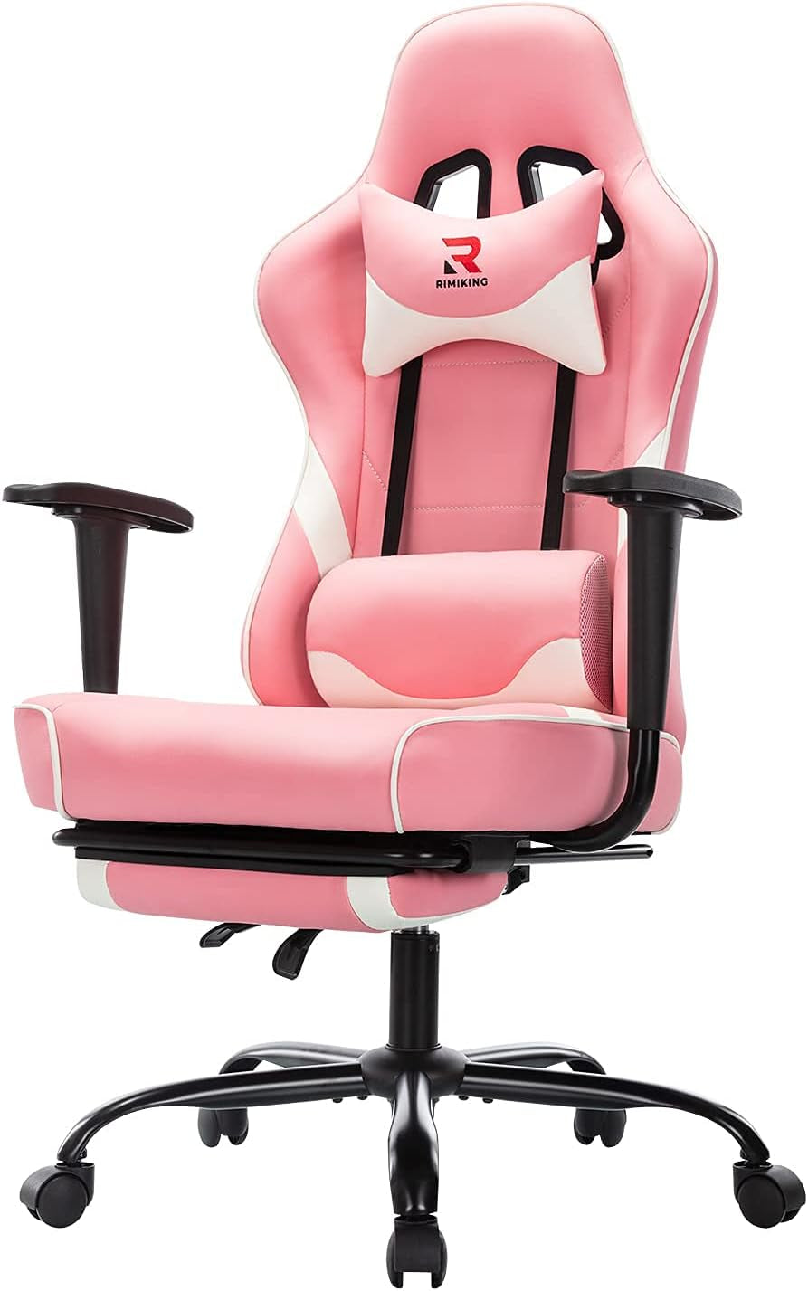 Massage Gaming Chair with Footrest Ergonomic Swivel Computer Chair with Adjustable Headrest and Lumbar Support, High Back Desk Chair Black 3609 (Pink)