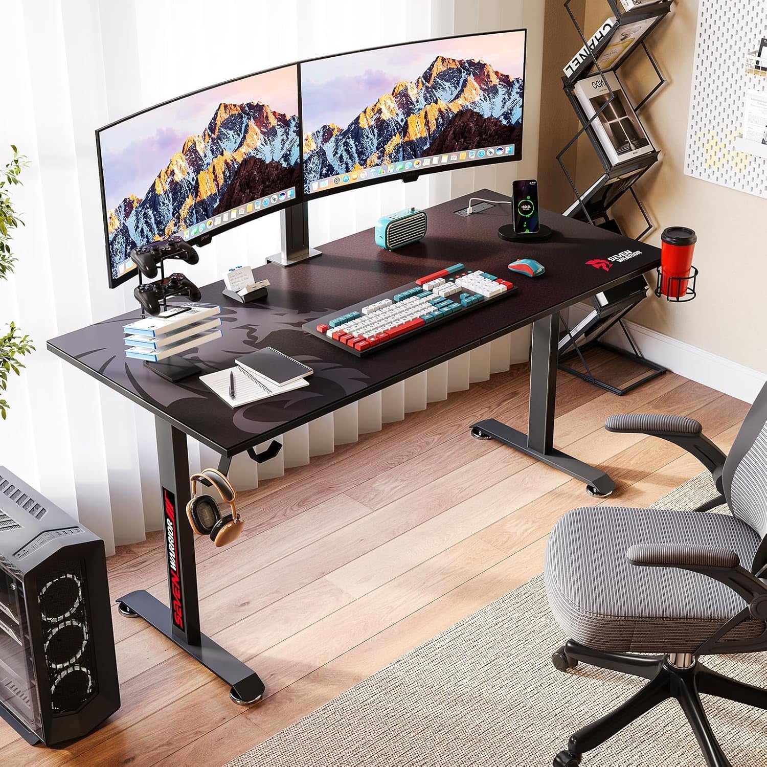 Gaming Desk 55’’, T-Shaped Carbon Fiber Surface Computer Desk with Full Mouse Pad, Gamer Desk with Headphone Hook, USB Rack, Cup Holder