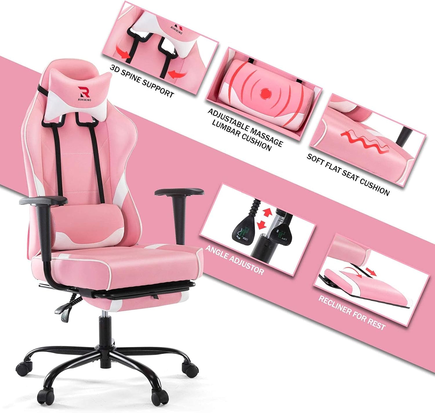 Massage Gaming Chair with Footrest Ergonomic Swivel Computer Chair with Adjustable Headrest and Lumbar Support, High Back Desk Chair Black 3609 (Pink)