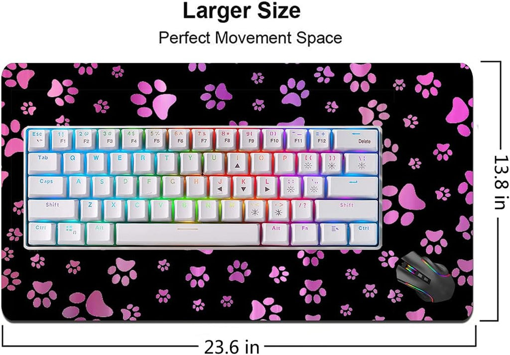 Large Mouse Pad Gaming Mouse Pad No Slip Rubber Extended Mousepad 23.6 X13.8 Inch Waterproof Mouse Mat Cute Purple and Black Dog Paw Print