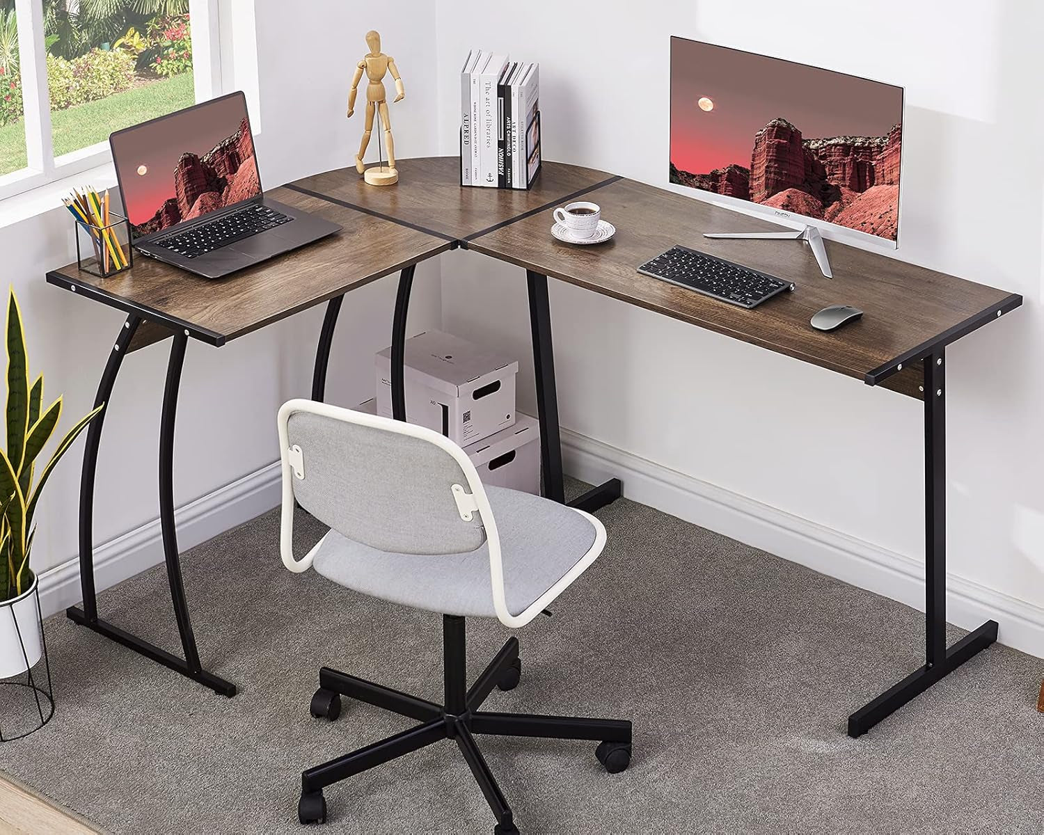 L Shaped Gaming Computer Desk 58.1 Inch, L-Shape Corner Gaming Table, Writing Studying PC Laptop Workstation 3-Piece for Home Office Bedroom, Dark Walnut