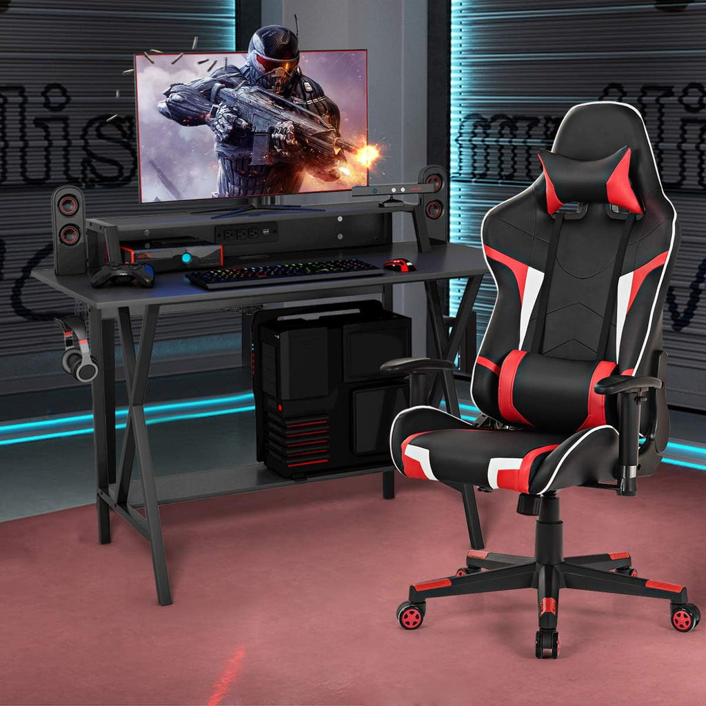 Gaming Desk and Chair Set, Ergonomic E-Sport Gamer Desk & Racing Chair Set W/Cup Holder, Monitor Stand, Earphone Hook, Massage & Headrest, Home Office Computer Desk Chair Set (Red)