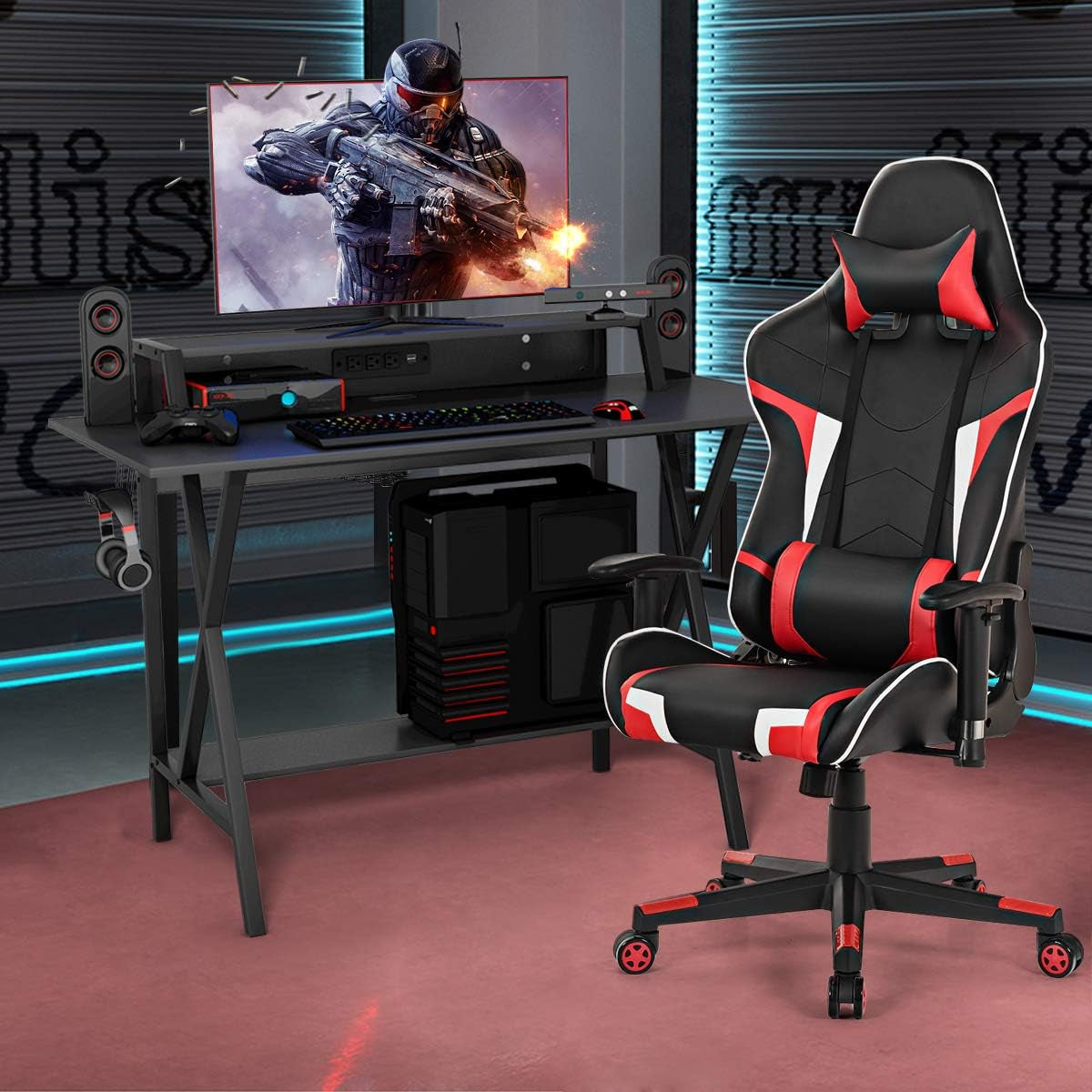 Gaming Desk and Chair Set, Ergonomic E-Sport Gamer Desk & Racing Chair Set W/Cup Holder, Monitor Stand, Earphone Hook, Massage & Headrest, Home Office Computer Desk Chair Set (Red)