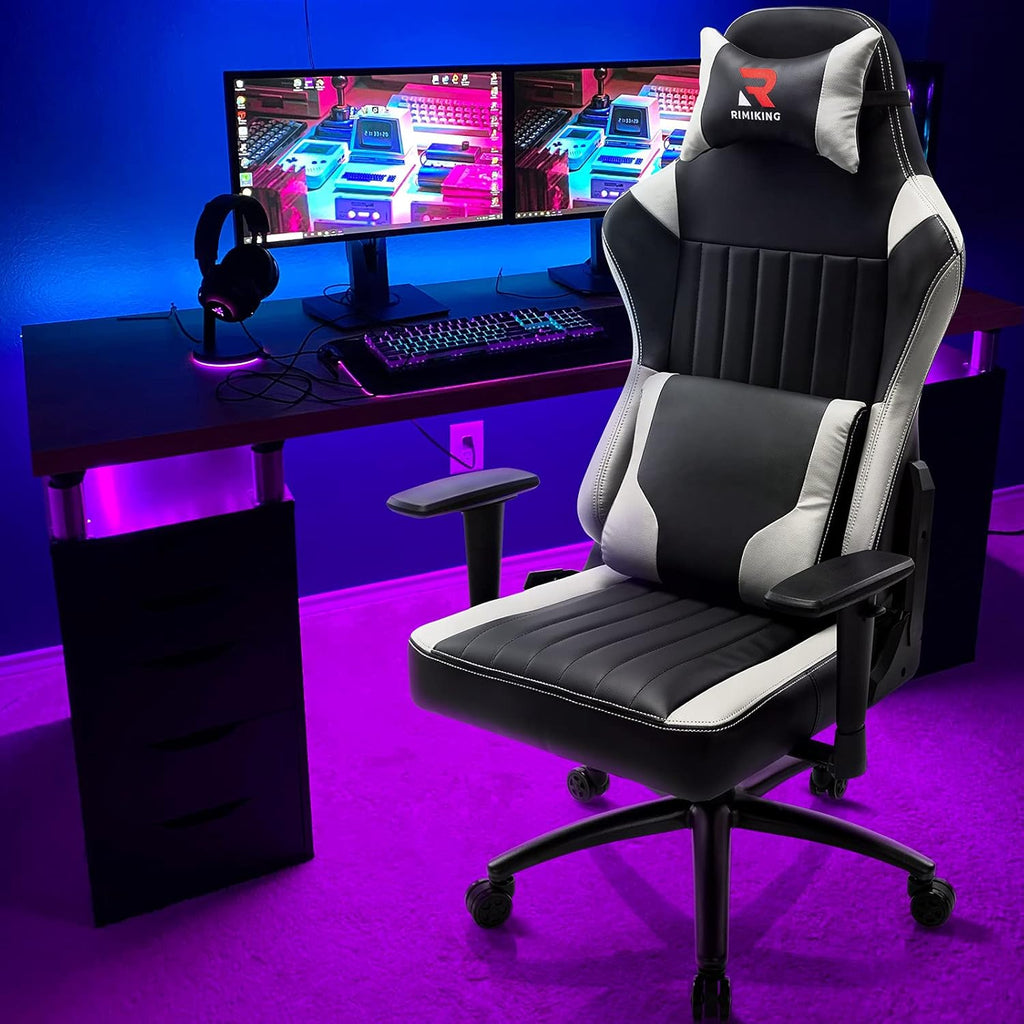 Massage Gaming Chair Big and Tall 350Lbs Ergonomic Wide Seat Video Game Chair High Back PC Computer Office Chair E-Sport Racing Style Rolling Chair Heavy Duty Headrest and Lumbar Support-White