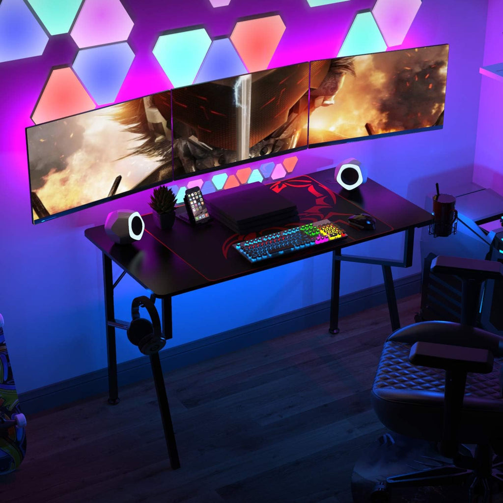 EE  Gaming Desk Office Desk Computer Desk Home Table 47 Inch Desk with Mouse Pad Headset Hook Cup Holder Controller Stand, Black