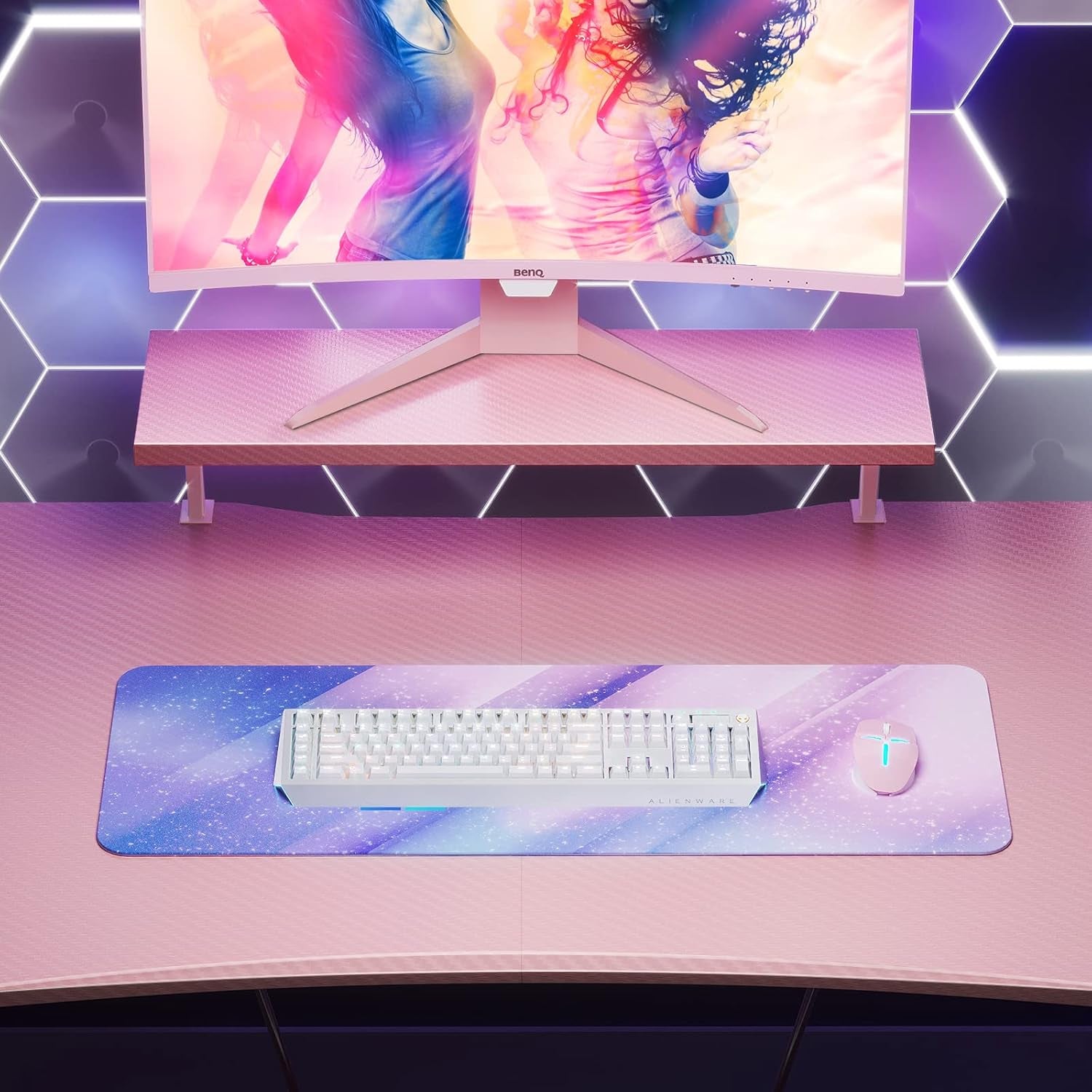 Gaming Desk 60" with Monitor Shelf Gaming Table Desk for Girls Home Computer Desk with Cup Holder and Headphone Hook Gamer Workstation Game Table, Pink