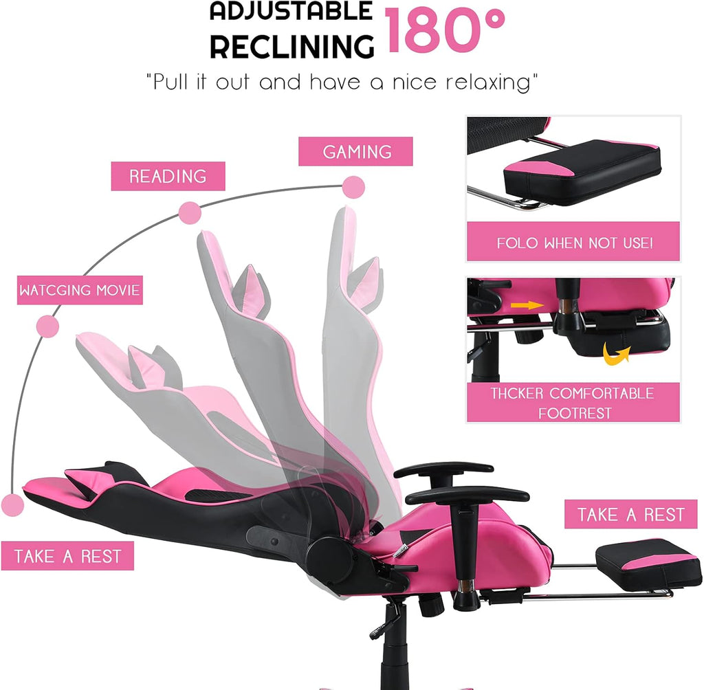 Gaming Chair - Pink Gamer Chair with Footrest Racing Esports Computer Chair Massage Lumbar Support Leather Recliner