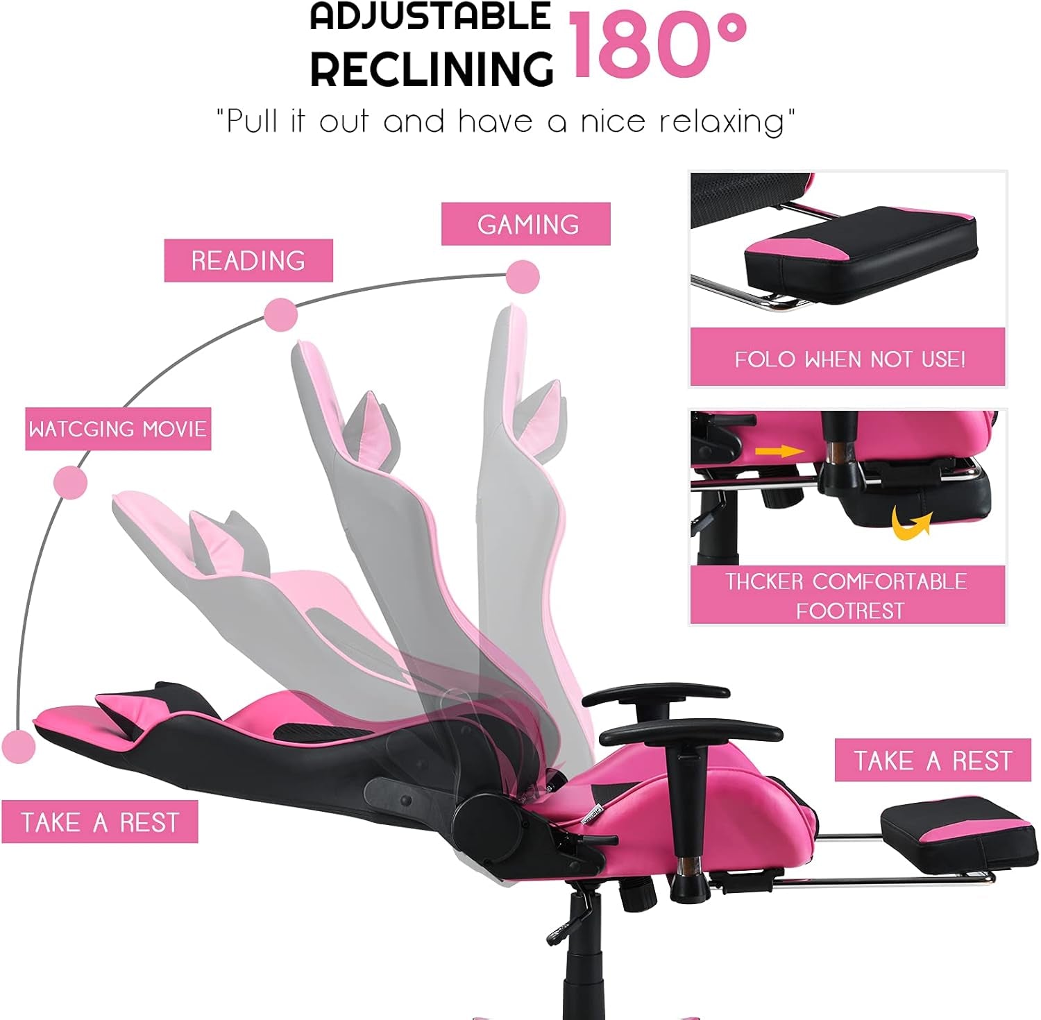 Gaming Chair - Pink Gamer Chair with Footrest Racing Esports Computer Chair Massage Lumbar Support Leather Recliner