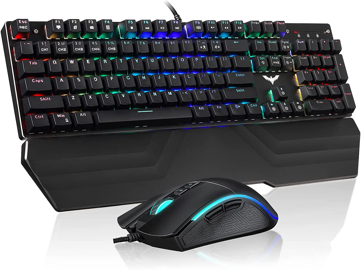 Mechanical Keyboard and Mouse Combo RGB Gaming 104 Keys Blue Switches Wired USB Keyboards with Detachable Wrist Rest, Programmable Gaming Mouse for PC Gamer Computer Desktop (Black)