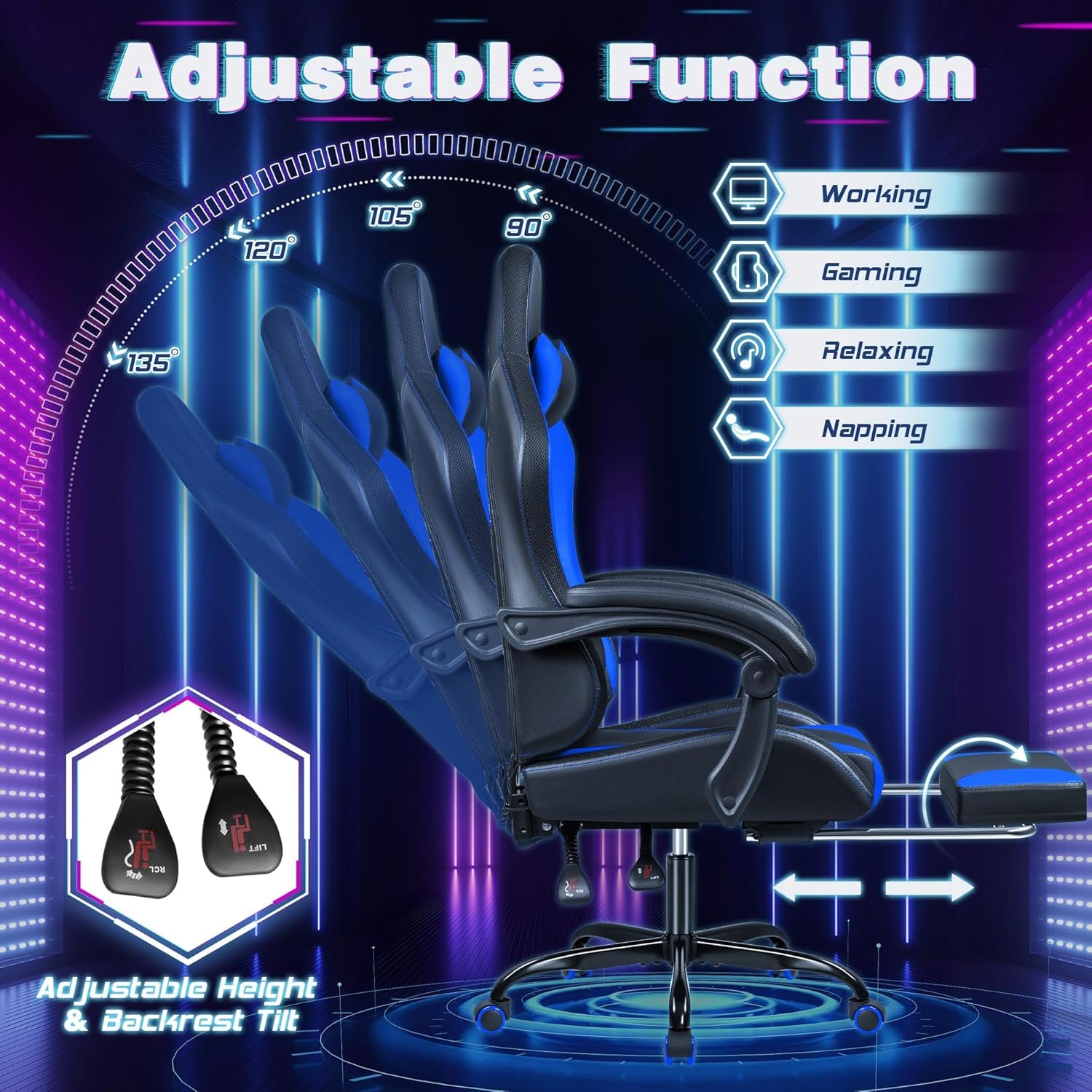 Gaming Chair with LED Lights, Footrest and Massage Lumbar Support, Ergonomic Computer Seat Height Adjustable with 360°Swivel and Headrest, Blue with RGB