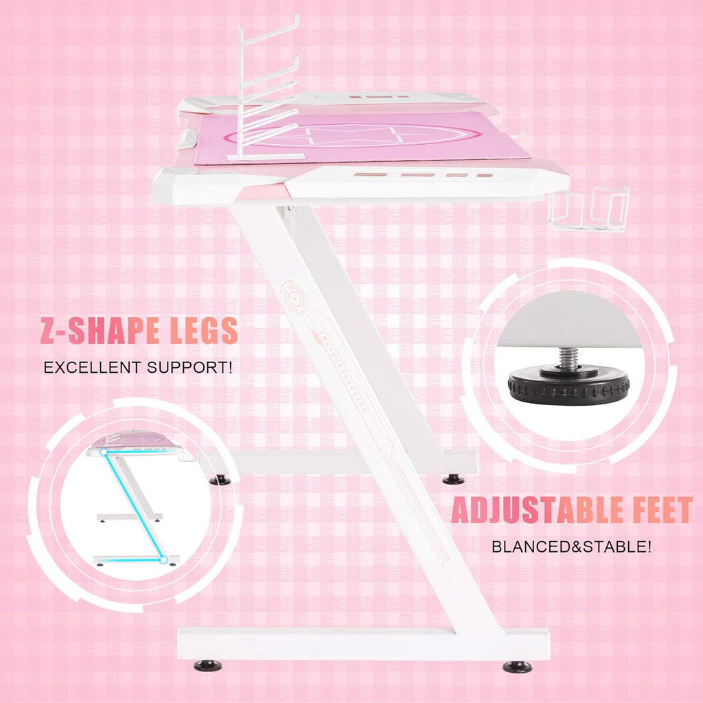 53 Inch Pink Gaming Desk, Gaming Computer Desk with RGB LED Light, Large Z Shape Racing Table with Split Joint Desktop Mouse Pad Headphone Hook & Cup Holder for Home Office Bedroom