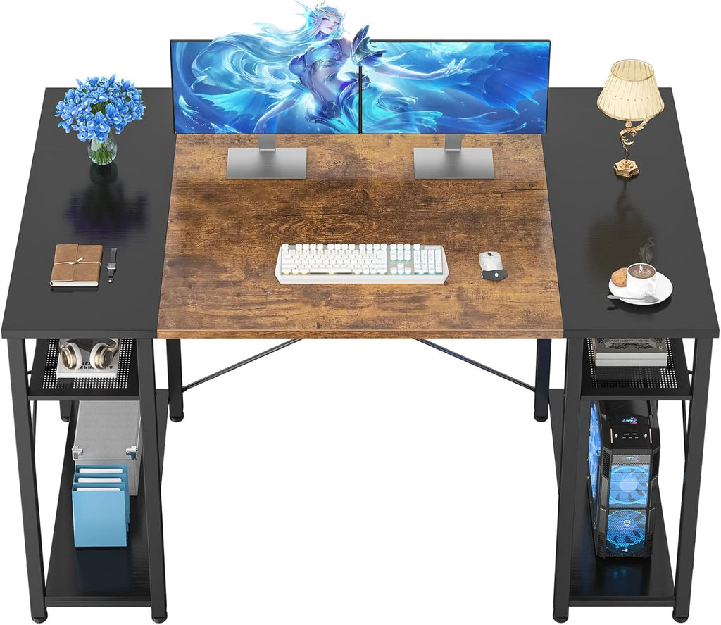 47.2 Inch Computer Desk, Large Office Desk with 4 Storage Shelves, 47.2'' Study Writing Table with CPU Stand, Sturdy PC Desk for Home Office, Bedroom, Gaming Room, Rustic and Black