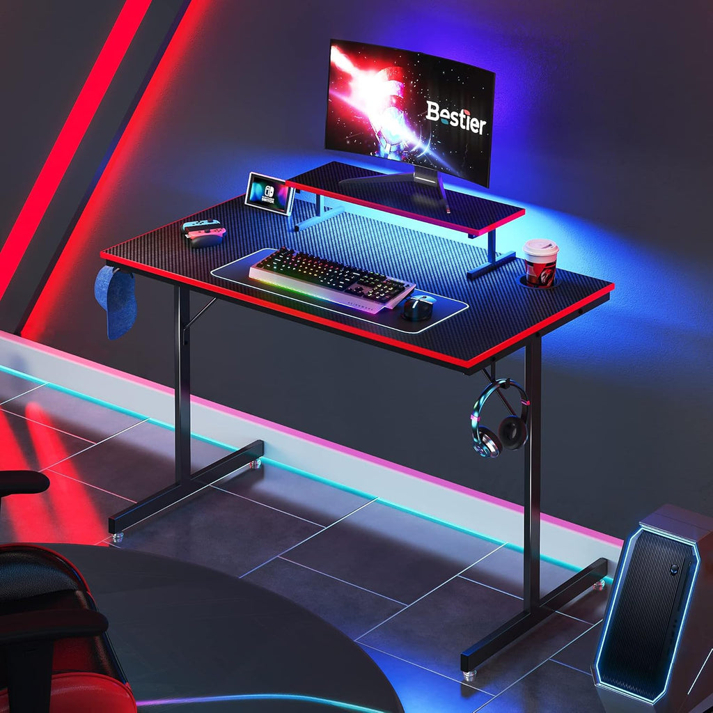 Gaming Desk with LED Lights 44" Small Computer Desk for Home Office Table with Cup Holder and 2 Headphone Hooks, Black