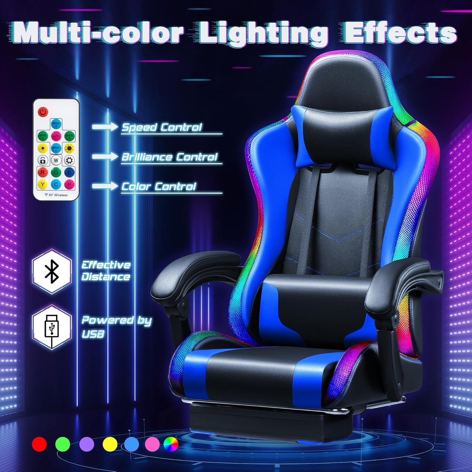 Gaming Chair with LED Lights, Footrest and Massage Lumbar Support, Ergonomic Computer Seat Height Adjustable with 360°Swivel and Headrest, Blue with RGB