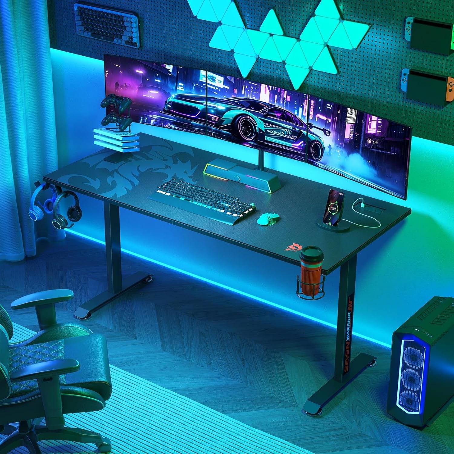 Gaming Desk 55’’, T-Shaped Carbon Fiber Surface Computer Desk with Full Mouse Pad, Gamer Desk with Headphone Hook, USB Rack, Cup Holder