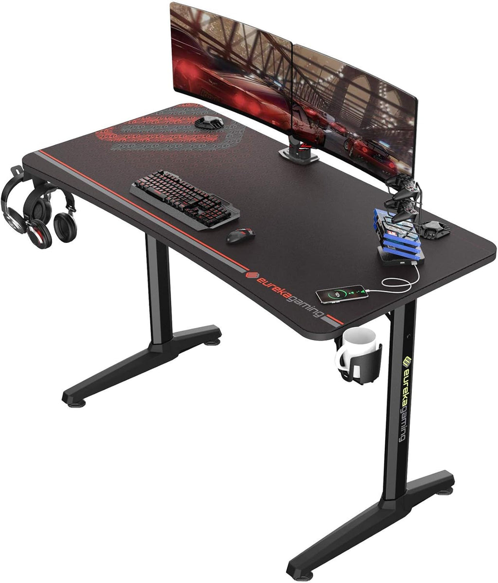 47 Inch Gaming Desk with Full Mouse Pad, Computer Gaming Desk with Cup Holder, Headphone Hook and Handle Rack with USB Charging Ports for Gamer, Black