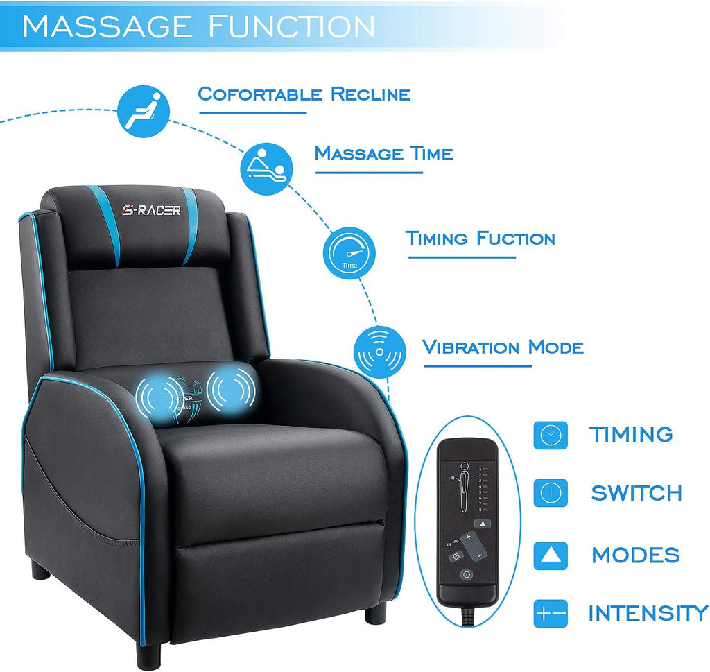 Massage Gaming Recliner Chair, Racing Style Gaming Sofa, PU Leather Home Theater Seating, Modern Living Room Recliners Ergonomic Comfortable Gamer Lounge (Blue)